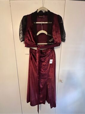 Free People Black Lace Trim Burgundy Top and Skirt